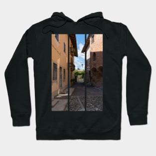 North Italy Life in the center of the lombard medieval city. Walking through narrow streets and walls. Sunny summer day. (vertical) Hoodie